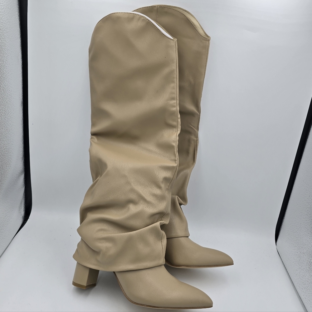 NIB Nine West Lindey 3 Block Heel Pointy Toe Knee High Boots, 7M, Light Natural